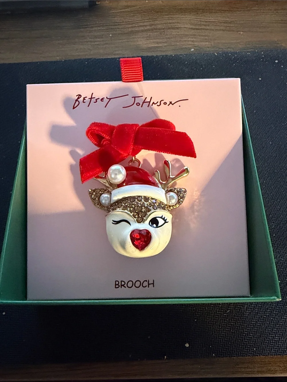 Betsey Johnson Red Velvet Bow Reindeer Brooch with Gold Accents